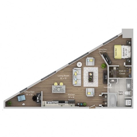 A floor plan of a home with a living room, kitchen, and bathroom.